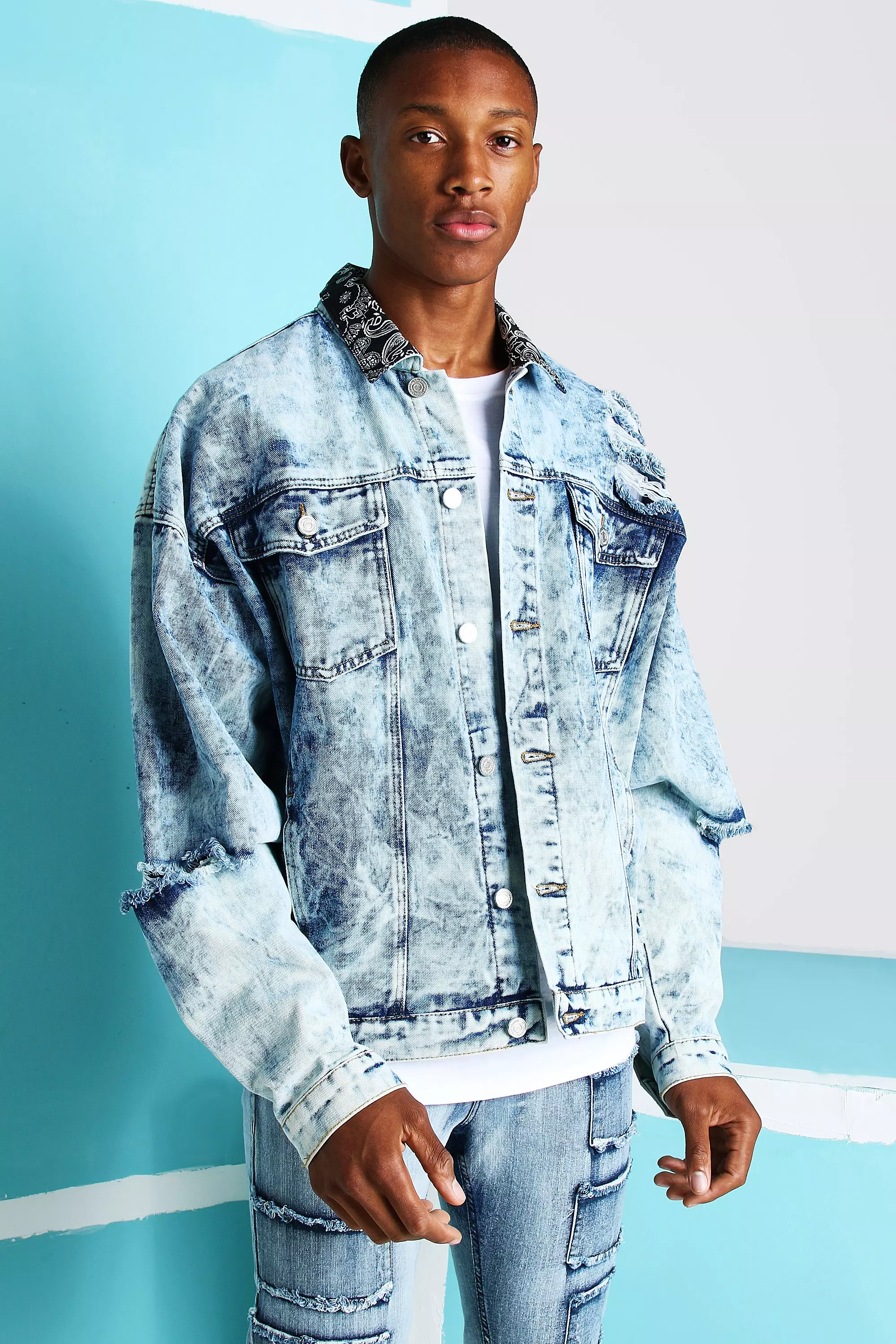 Distressed acid store wash denim jacket